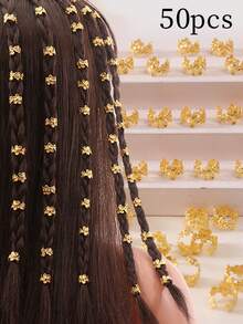 50pcs Girls' Gold Mini Flower Hair Rings, Personalized DIY Braiding Accessories, Suitable For Messy Braids - Gold - View 7
