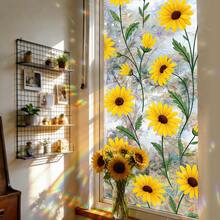 1/6片装春季野花和草地彩色玻璃窗膜，可重复使用的乙烯基静电吸附隐私窗膜，适用于卧室、浴室、厨房、教室和家居装饰。 - 彩色 - 查看 6