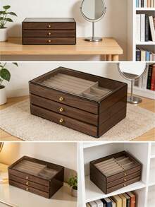 1个大容量首饰收纳盒，奢华首饰整理盒，抽屉式桌面收纳盒，可收纳项链、耳环、戒指、手表、配饰，也可作为家居装饰、梳妆托盘、节日礼物、女士礼物、圣诞礼物，三层透明天鹅绒抽屉式首饰盒，首饰盒，戒指、项链、手镯、耳环和吊坠抽屉收纳盒 - 彩色 - 查看 6