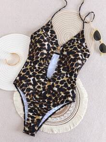女士豹纹露背连体泳衣，高弹面料 - 彩色 - 查看 4