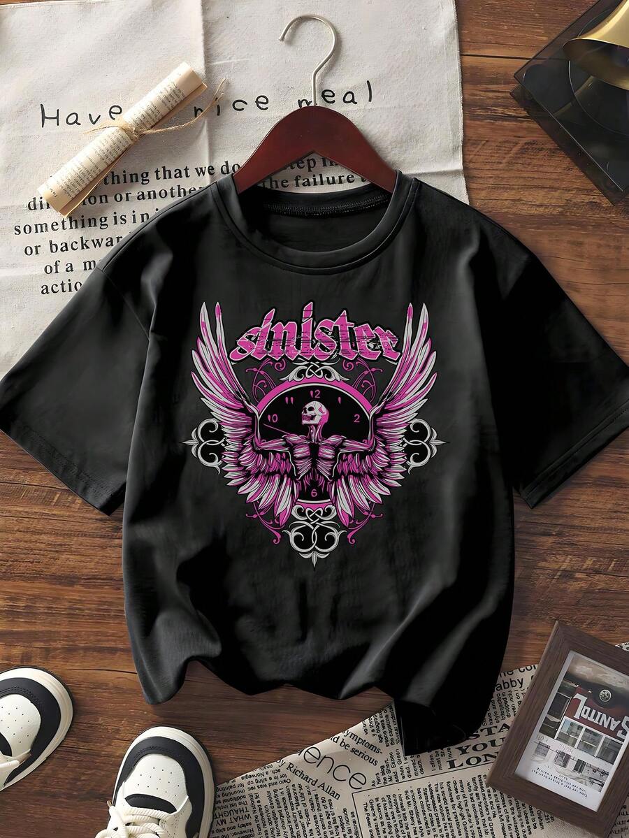 Y2K Streetwear Black Short Sleeve T - Shirt Women Vintage Skull Wing Graphic Print Tee Loose Casual Summer Top - White - View 1