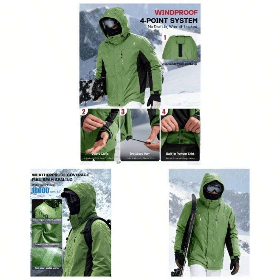 Men's Waterproof Ski Snow Fleece Lined Warm Winter Rain With Hood Fully Taped Seams - Small + Grass Green - View 1