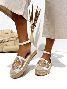 TULIPANO Women's Flat Bohemian-Style Summer Sandals With Thick Soles Made Of Rope, Ideal For Everyday Wear, Holidays, And Outdoor Walks. Comfort And Style For Every Occasion. - trắng - Xem 3