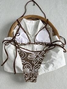 Bikinx Women's Asymmetrical Stripe Tie-Up Triangle Bikini Set, Fashion Summer Vacation - Coffee Brown - View 7