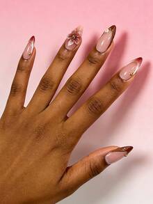 10片法式花卉中号杏仁形美甲贴纸，手工亚克力美甲贴纸，Y2K渐变全息DIY美甲贴纸套装，3D浮雕效果，水钻和金珠设计，全覆盖经典款式，可重复使用，表面光滑，适用于美甲沙龙、女孩和女士日常美甲、节日派对和礼物，美甲套装，美甲用品，美甲艺术，简约时尚，提升您的造型！ - 彩色 - 查看 3