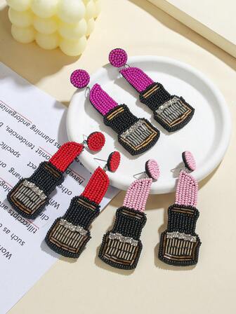 A Pair Of Handmade Rice Bead Pearl Earrings - Niche Creative Design Lipstick-Shaped Earrings, Exquisite Women's Fashion Earrings For Beauty Blogger Outfits, Bestie Gatherings, Daily Sweet-Edgy Looks