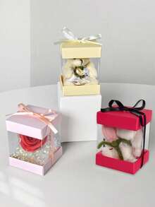 5个透明迷你方形礼品展示盒，带丝带蝴蝶结装饰，3种颜色可选：粉色、酒红色、黄色，可爱可折叠包装盒，适用于小型礼品、派对回礼，也适合毛绒玩具/永生花/香薰产品，情人节、母亲节、生日、婚礼回礼等场合，方便携带收纳 - 彩色 - 查看 10