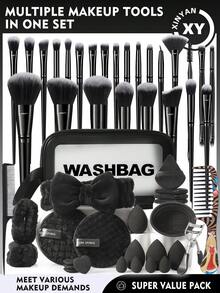 51件套化妆工具套装，包括：25支化妆刷套装+1个多功能防水拉链化妆包+4个化妆海绵+4个迷你化妆海绵+4个三角粉扑+4个迷你气垫粉扑+1个发圈+2个手碗挂绳+1个化妆刷清洁工具+2个洁面海绵+2把梳子+1个睫毛夹 - 黑色 - 查看 1