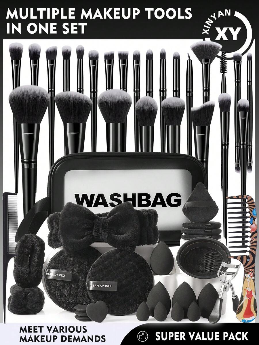 51件套化妆工具套装，包括：25支化妆刷套装+1个多功能防水拉链化妆包+4个化妆海绵+4个迷你化妆海绵+4个三角粉扑+4个迷你气垫粉扑+1个发圈+2个手碗挂绳+1个化妆刷清洁工具+2个洁面海绵+2把梳子+1个睫毛夹 - 黑色 - 查看 1
