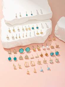 Bộ 30 đôi bông tai đinh tán tối giản nhiều kiểu dáng - hình trái tim đính đá, hoa kim loại, ngọc trai giả, phù hợp cho tiệc tùng, thường ngày, quà tặng ngày lễ. - Nhiều màu - Xem 4