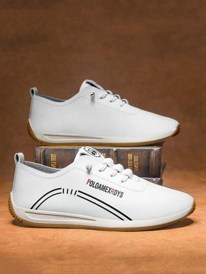 白色简约时尚舒适真皮男士运动鞋，防滑耐磨减震休闲鞋，适合户外、日常穿着，四季皆宜跑步鞋