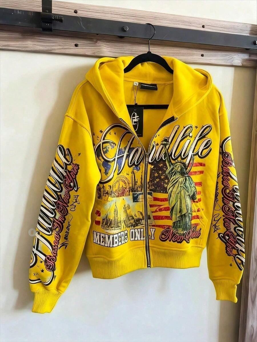 Y2K Street Letter Print Unisex Hooded Sweatshirt, Oversized Vintage Zip Hoodie, Hip-Hop Style Graphic Top, Fashionable Coat - 黃色 - 查看 1