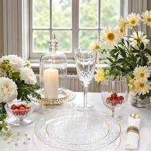 50/25/12/2pcs Transparent Gold Rim Hammered Dinnerware Set, Includes 7.5" Dessert Plates/10.25" Dinner Plates, 2 Sizes Available, Great For Barbecue, Wedding, Party, New Year, Anniversary, Birthday, Family Gathering, Engagement Party, Bridal Shower