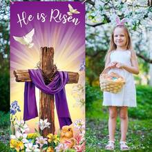 1pc 2D Flat Easter Doorway Banner, Happy Easter Decoration, Risen He Lives Porch Sign, Religious Doorway Decor, Large Fabric Cross Easter Doorway Background, Jesus Spring Easter Party Decor, Hanging Flag, No Power Required - Multicolor - View 7