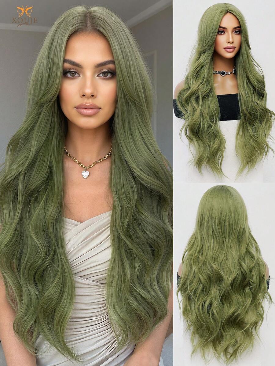 XOUJE 浅绿色长款蓬松波浪卷假发，中分刘海，30英寸，自然逼真，柔软蓬松，采用耐热合成纤维制成，适合女性佩戴，时尚日常、节日聚会、婚礼、万圣节、圣诞节、角色扮演、休闲约会等各种场合。 - 綠色 - 查看 1