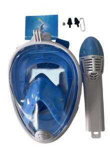 一套全脸浮潜面罩，含一副耳塞，可折叠180°全景浮潜面罩，采用最新干式顶部系统，硅胶防雾防漏，带相机支架，呼吸顺畅，适用于浮潜、自由潜水、游泳，成人浮潜装备（新旧款随机发货）