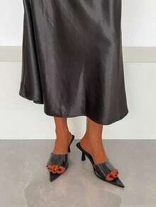 Commuting Chic Pointed Toe Patent Leather Black Mules, Thin Heel Open Toe High Heel Slides - Black - View 5