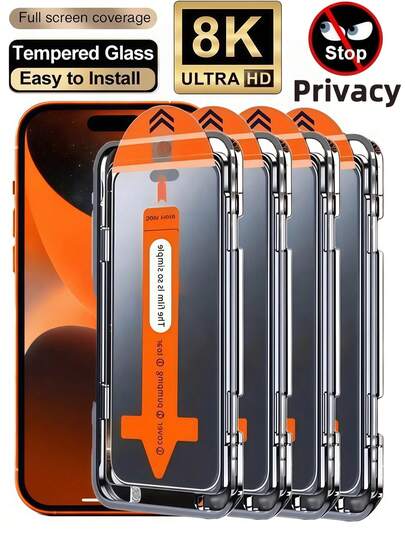 4片装防窥一键自动吸附防尘钢化玻璃膜，兼容 17 Air 16 15 14 13 12 11 X/XS Pro Max系列屏幕保护膜，9H+高硬度铝合金材质，防尘防爆，防刮花，防窥隐私保护膜，屏幕保护必备，适用于日常、办公、家庭等多种场合。手机屏幕保护膜，手机配件，隐私屏幕保护膜，防窥防水防震防摔。