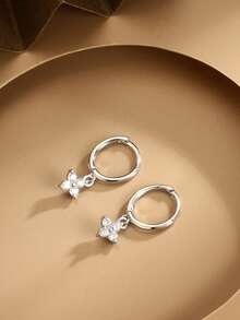 1 Pair S925 Sterling Silver Clover Zirconia Earrings, Delicate Minimalist Chic Earrings, Versatile Fashion Jewelry Gift For Women, Girlfriend, Mother, Friend, Everyday Wear - Silver - View 5