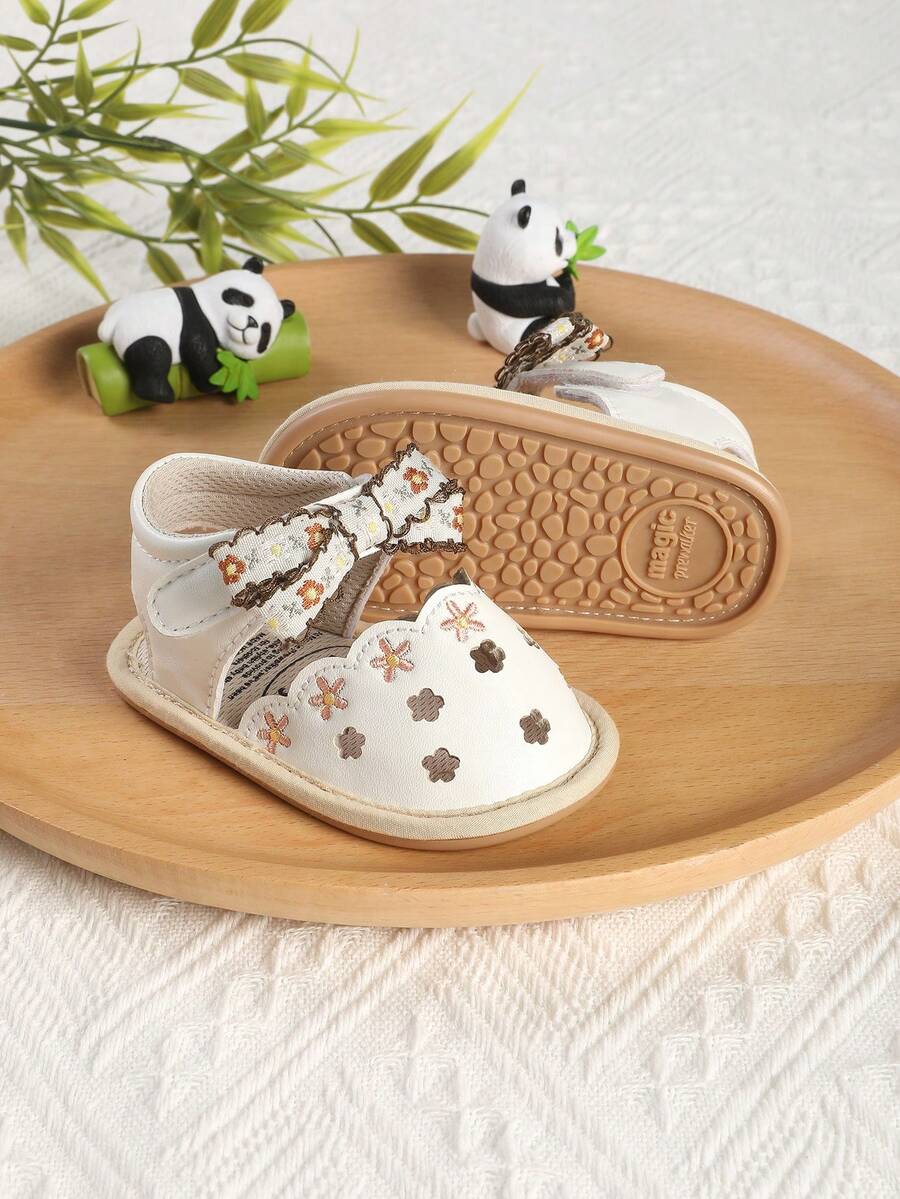 1 Pair Girls Fashion Versatile Printed Bow Knot Hook & Loop Design Non-Slip Sandals, Summer Spring Autumn