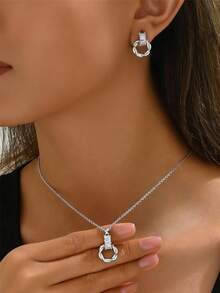 3pcs Gorgeous Copper Glass Butterfly Heart Flower Earrings And Necklace Set For Women, Daily Wear And Parties - Antique Silver - View 3