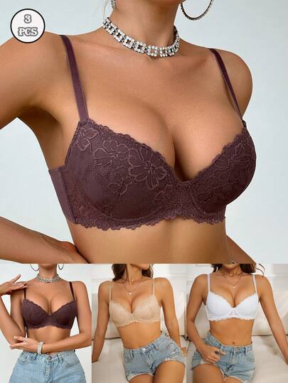 3 Stücke tiefer V-Ausschnitt Mode einfarbig sexy Spitzen-BH-Set