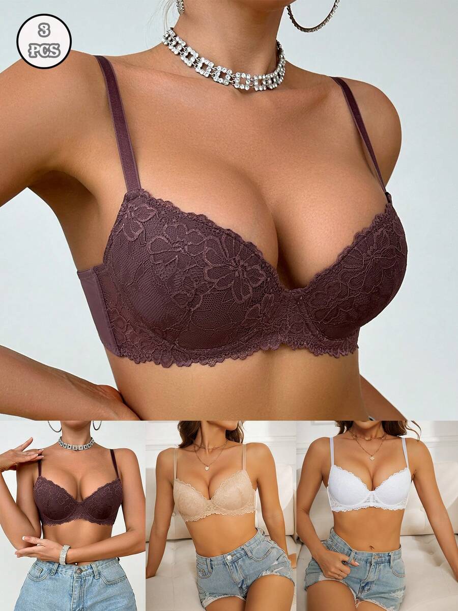 3pcs Deep V Fashion Solid Color Sexy Lace Bra Set - Multicolor - View 1