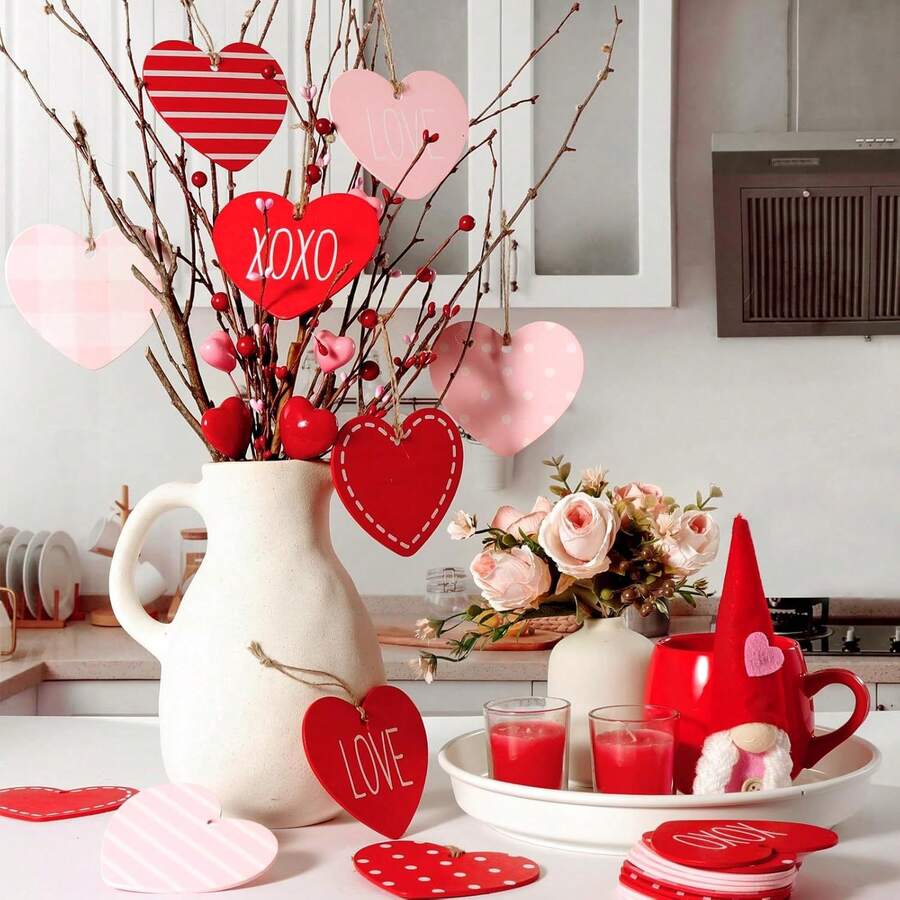 8/12Pcs Cute Heart-Shaped Wooden Valentine's Day Wedding Ornaments, Large Red Pink Plaid Heart Decorations, Perfect For Valentine's Day Home Wedding Office Decor - Multicolor - View 1