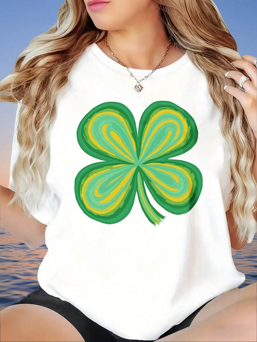Women's T-Shirt,White T Shirt With Green And Yellow Four Leaf Clover Design For Women Casual Summer Top Lucky St Patrick's Day Outfit, 220g - 黑色 - 查看 1