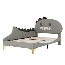 Children's Bed 90 X 200 Cm, Dinosaur Pattern, Flat Bed, Made Of Polyurethane, Grey