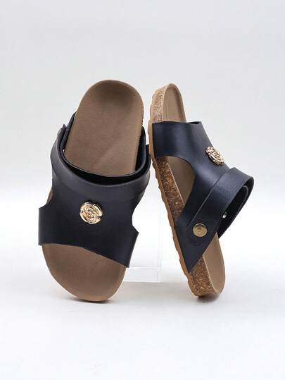 1 Pair 4-12 Years Old Girls' Gold Camellia Decor Cork Sandals, Faux Leather, Non-Slip, Comfortable, Lightweight, Open Toe Low-Top, Sweet Princess Style, 2026 Summer New, Suitable For Daily, Street, Party Wear (Sole Color Random)