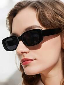 6 piezas/2 piezas/1 pieza Gafas con montura cuadrada de moda, unisex, versátiles gafas con montura cuadrada para playa y verano, gafas de montura ovalada pequeña de color rosa de moda, adecuadas para playa, fiesta, fotografía y uso diario - Negro - Ver 8