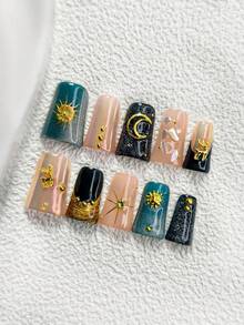 10Pcs Starry Sky Style Handmade Press On Nail,Polygel Nail Set,Hand Painted Sun,Shell,Moon,Deer,Dark Green And Black Nail Polish,Ramadan Style,Includes Nail Tools,3 Sizes Available,Almond,Duck,Coffin Nails For Party,Dance,Daily Wear. - 彩色 - 查看 2