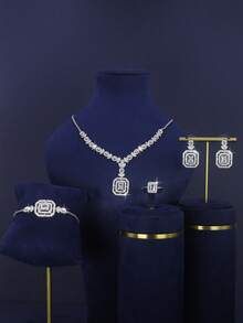 5pcs White Gold Plated Luxury Royal Style Square Design Bridal Wedding Jewelry Set, Suitable For Daily Wedding Wear, Wedding Anniversary Gift - Platinum Square Bridal Set - View 2