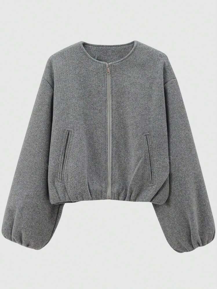 女士秋季新款深灰色罗纹拉链口袋休闲风柔软飞行员夹克，舒适百搭，适合通勤和休闲穿着，优雅百搭 - 深灰色 - 查看 3