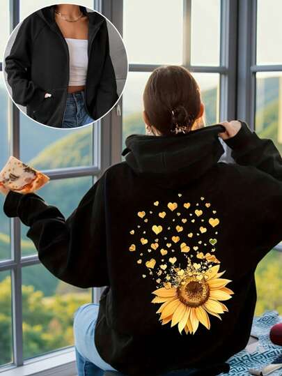 Mujer005-1 Sudadera con capucha con cremallera del Día de los Muertos  invierno sudadera de manga larga cómoda suave Chaqueta con capucha negra decorada con un hermoso girasol y corazones dorados, ideal para un estilo casual atractivo