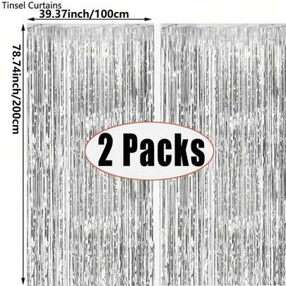 3pcs Silver Foil Fringe Curtains With Shiny Metallic Thread Backdrop, Suitable For Decorating Birthday, Wedding, Party, 70s, 80s And 90s Disco Theme, Graduation, Halloween, Bachelorette Party, Anniversary Decor, Adult Satin Sheer Curtains, Glitter Aluminum Foil Fringe Curtains (Rainbow Pink Party Supplies)