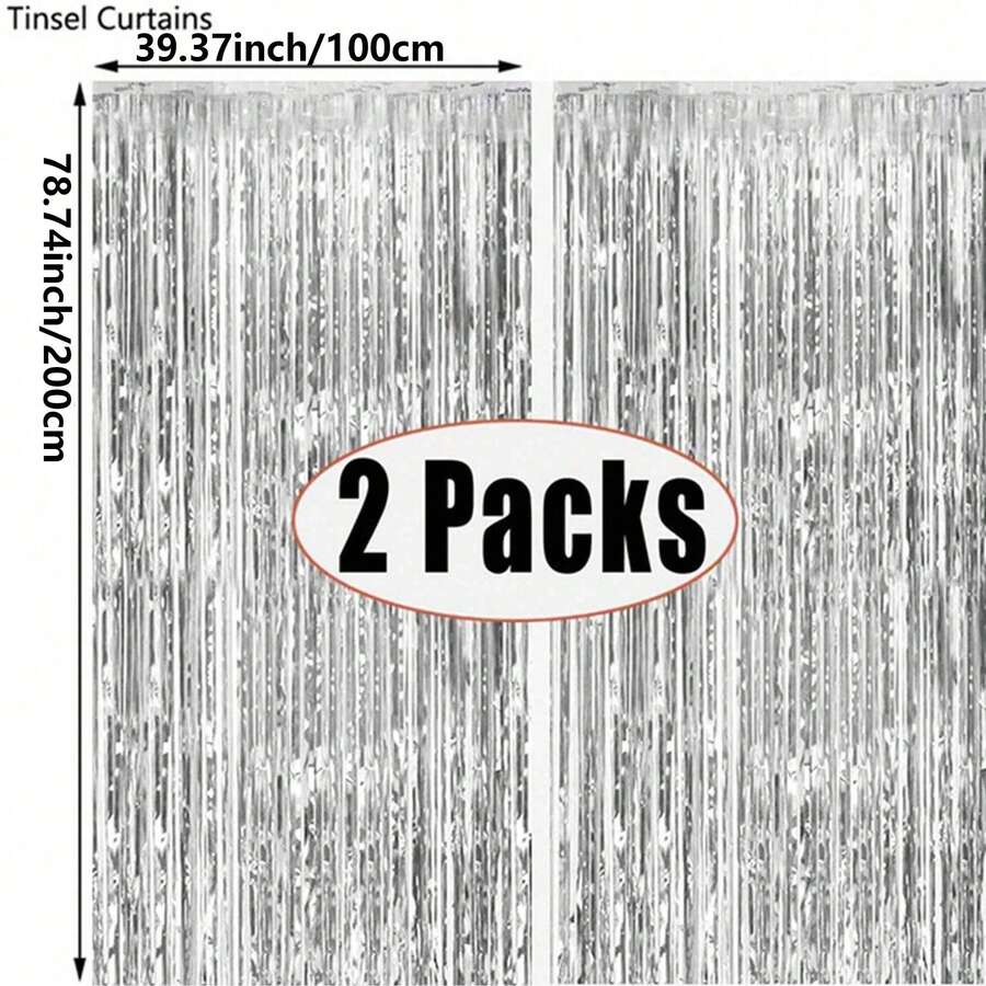 3pcs Silver Foil Fringe Curtains With Shiny Metallic Thread Backdrop, Suitable For Decorating Birthday, Wedding, Party, 70s, 80s And 90s Disco Theme, Graduation, Halloween, Bachelorette Party, Anniversary Decor, Adult Satin Sheer Curtains, Glitter Aluminum Foil Fringe Curtains (Rainbow Pink Party Supplies)