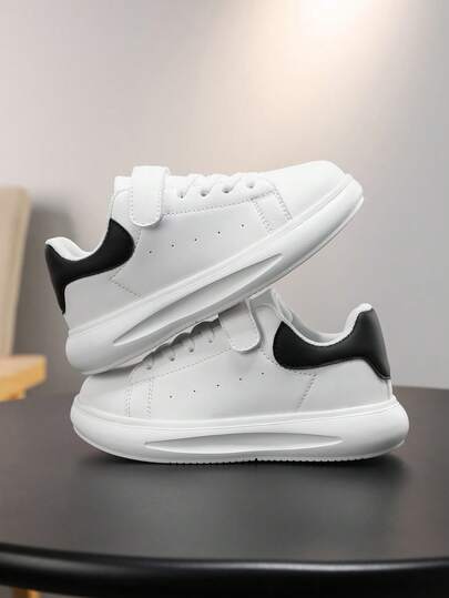 Unisex Kids' Black & White Patchwork Canvas Sneakers, Leather Material Easy To Clean, Breathable Holes Design, Hook And Loop + Laces Dual Fastening, Versatile For School & Commute