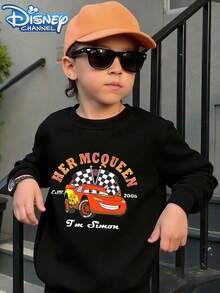 Disney Pixar Cars Lightning McQueen #95 Fastest Racer Graphic Hoodie - Street Style, Crew Neck Casual Summer Top, Suitable For Both Boys And Girls, Perfect For Holiday Parties, Gatherings, Outdoor Activities, And Everyday Casual Wear. - 黑色 - 查看 1