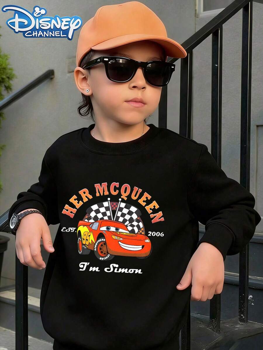 Disney Pixar Cars Lightning McQueen #95 Fastest Racer Graphic Hoodie - Street Style, Crew Neck Casual Summer Top, Suitable For Both Boys And Girls, Perfect For Holiday Parties, Gatherings, Outdoor Activities, And Everyday Casual Wear. - 黑色 - 查看 1