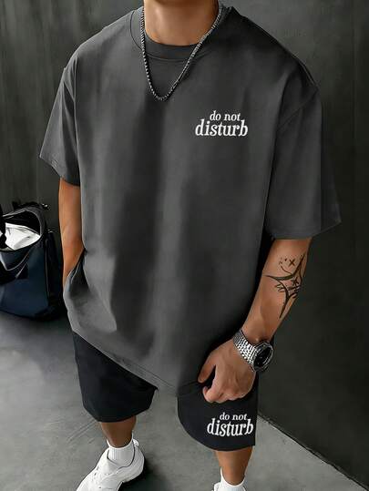 2ชิ้น/ชุด เสื้อยืดแขนสั้นพิมพ์ลายสโลแกนภาษาอังกฤษลำลองสำหรับผู้ชายและชุดกางเกงขาสั้น, ฤดูใบไม้ผลิ/ฤดูร้อน