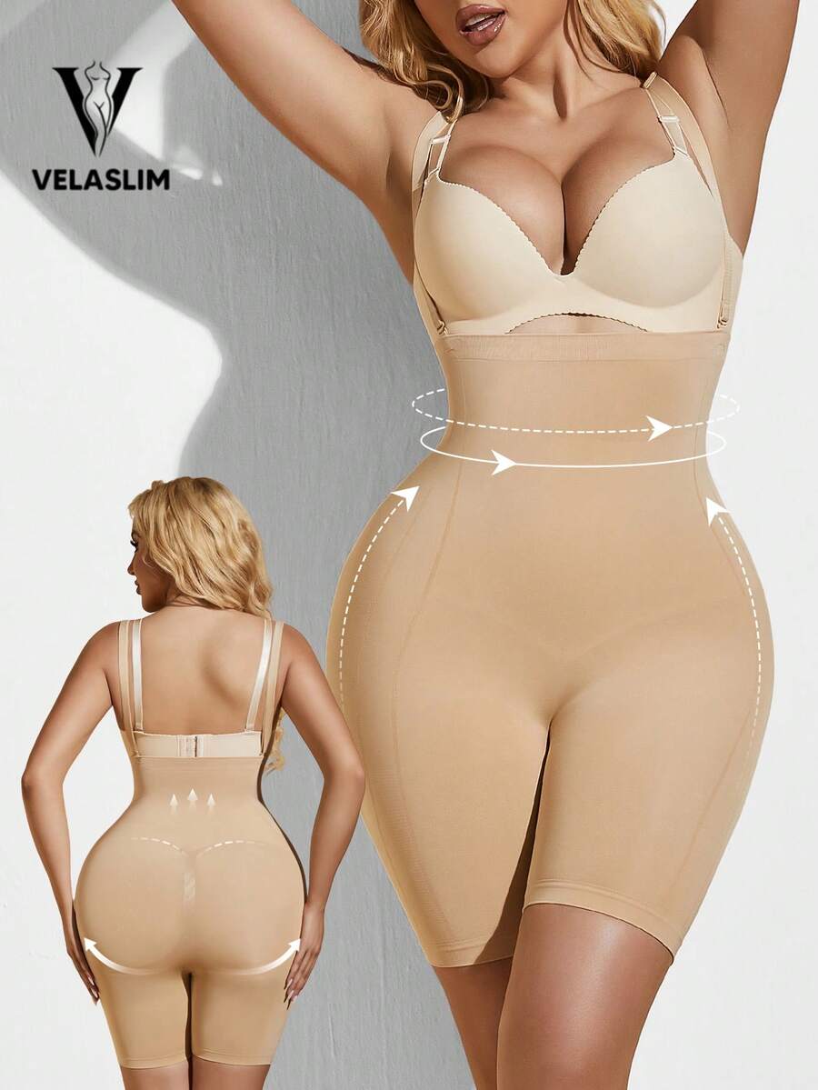 1pc Women's High Waist Slimming Shaping Shorts With Detachable Straps, Butt Lifting - Apricot - View 1