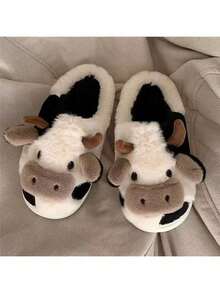 Soft And Cute Girly Cow-Toe Cotton Slippers For Winter Fashion Girls Home Warm Plush Shoes - Đen và trắng - Xem 4