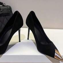 2026 Frühjahr Neuheit Französischer Stil Damen Patentleder Schuhe | Schwarze Metallische Spitze Stiletto Absätze - Schwarzer Stoff, 9 cm - Übersicht 1