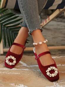 女士水钻方头玛丽珍拖鞋，休闲一脚蹬凉鞋，百搭优雅，春夏款 - 紅色 - 查看 5