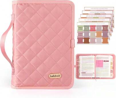 BellaHold Adjustable Bible Cover With 75 Bible Tabs - Bible Cover Case For Women,Waterproof, Washable Quilted Bible Case,Reusable Christian Gifts For Women (Pink, XL)