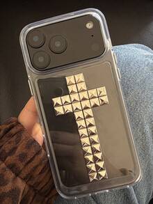1pc Halloween DIY Punk Rivet Cross Religious Rock Rivet Metal Leather Phone Case, Compatible With IPhone 17 Pro Max 16 15 14 13 12 11 Pro Max Plus, Soft Back Cover - Clear - View 3