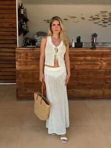 MORI 2026 春夏女装杏色无袖V领系带短款针织上衣和长款针织铅笔裙两件套，浪漫度假风，精致优雅，海滨休闲，柔美女性魅力 - 杏色 - 查看 6