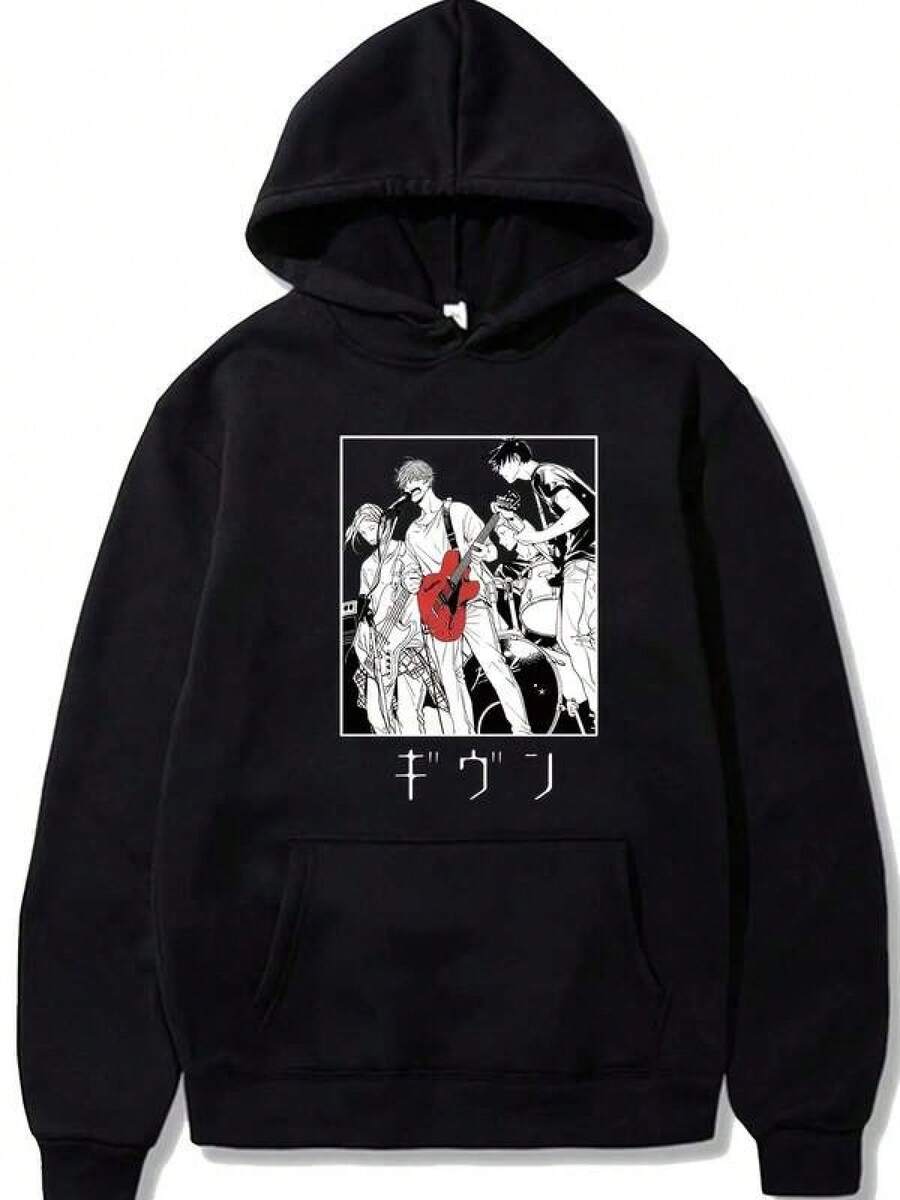 Felpa con cappuccio da donna con grafica, felpa da uomo, felpa con cappuccio in pile con motivo anime giapponese - Felpa oversize a maniche lunghe con stampa di una band musicale, colore rosa acceso, lavabile in lavatrice, abbigliamento casual autunno/inverno, comodo, design giovanile, stile pullover, traspirante e lavabile in lavatrice per uomo e donna, taglie dalla S alla XXXL - nero - Visualizzare 1